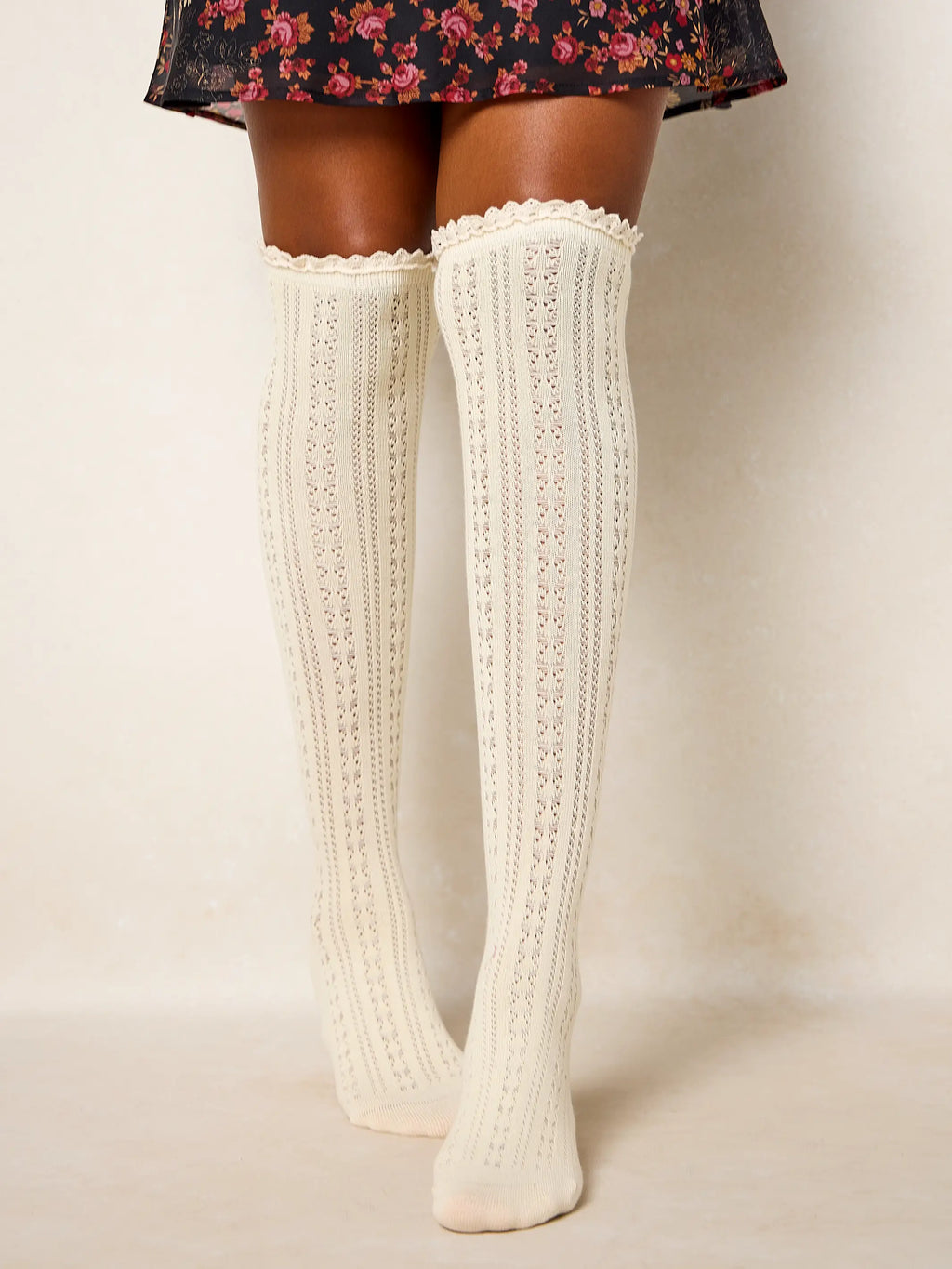 Pointelle Knee High Socks, Set of 2 - Cream & Brown